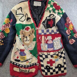 VTG Eagle's Eye Collectibles Nurse Teddy Bear Cardigan Hand Knit Novelty Sweater
